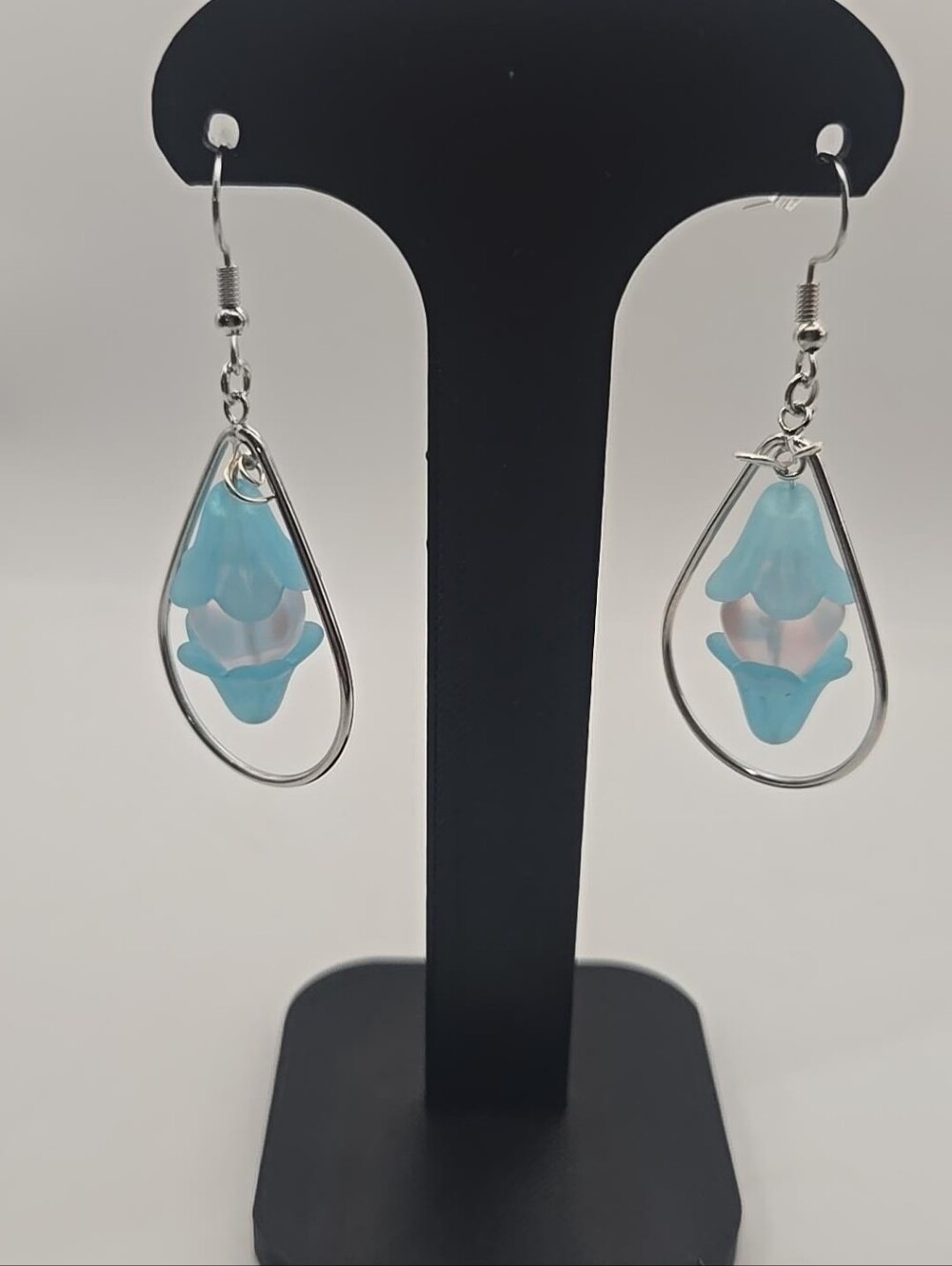 Blue Frosted Flower Drop Earrings Silver Teardrop Frame Dangle